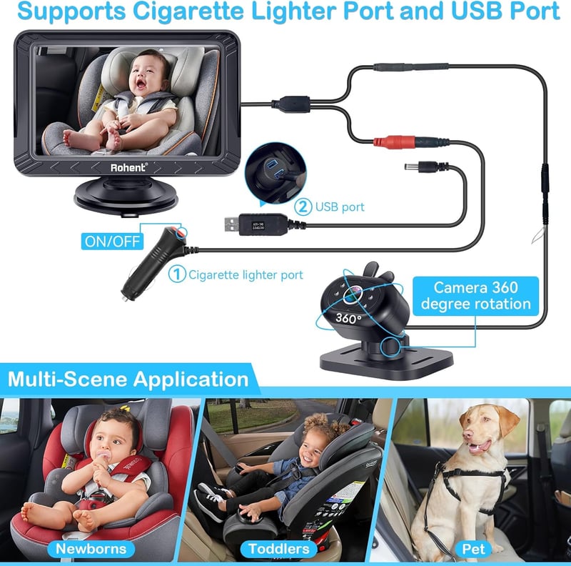 Rohent 5" HD 1080P autós bébikamera éjjellátóval, USB-s, elöl-hátul nézhető
