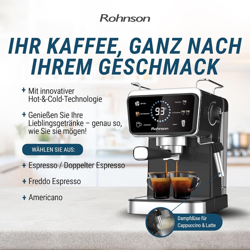 Rohnson 20 bar kávéfőző 1350W, 1,5L tartály, forró és hideg funkcióval, tejhabosító