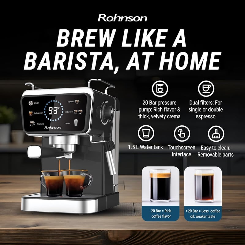 Rohnson 20 bar kávéfőző 1350W, 1,5L tartály, forró és hideg funkcióval, tejhabosító