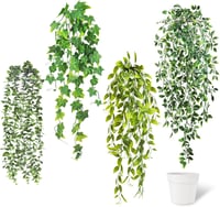 ROLLWAY 4 darabos mesterséges függőnövény szett fehér kaspóval, műanyag borostyán 52-72 cm 1