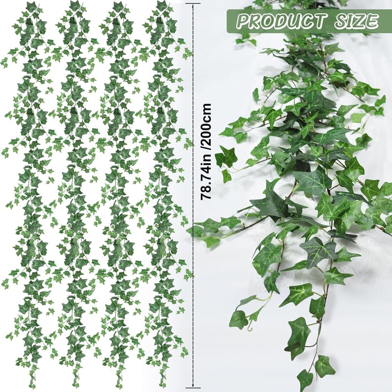 ROLLWAY Műborostyán Girland Szett 4 db - 2 m Hosszú Zöld Műnövény Függő Dekoráció Falra, Kertbe, Erkélyre, Időjárásálló Műlevél Füzér Otthon