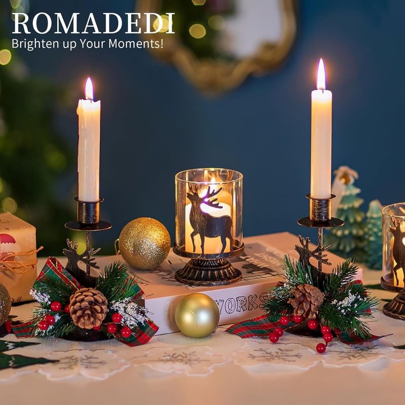 Romadedi Vintage Rénszarvas Gyertyatartó Szett - 4 db Fekete Fém Karácsonyi Asztali Dekoráció Kúpgyertyákhoz, Rusztikus Lakberendezési Kiegé