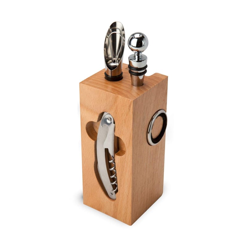 ROMINOX Stalak za vino od bukovine, set od 7 dijelova sa sommelierskim nožem, prstenom protiv kapanja, vinskim termometrom, čepom i lijevkom – 7x7x22 cm