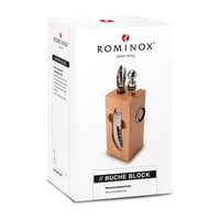 ROMINOX Stalak za vino od bukovine, set od 7 dijelova sa sommelierskim nožem, prstenom protiv kapanja, vinskim termometrom, čepom i lijevkom – 7x7x22 cm 3