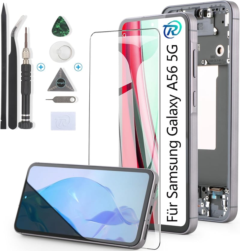 RongZy LCD kijelző Samsung Galaxy A56 5G kerettel, érintőpanellel és szerszámkészlettel - fekete