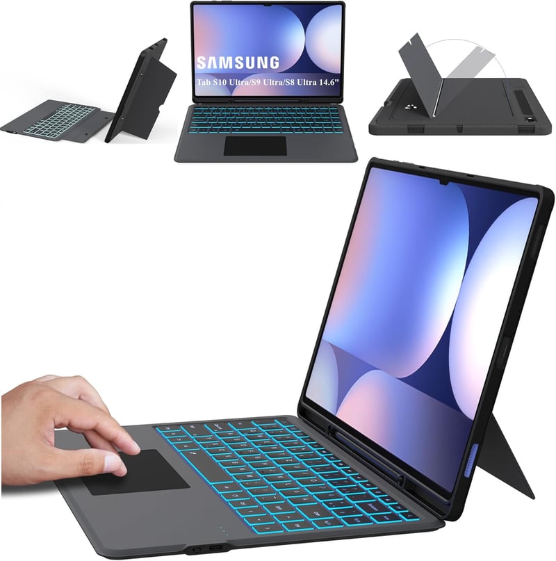 ROOFEI Galaxy Tab S10Ultra/S9 Billentyűzetes Tok QWERTZ Érintőpaddal 7 Szín LED