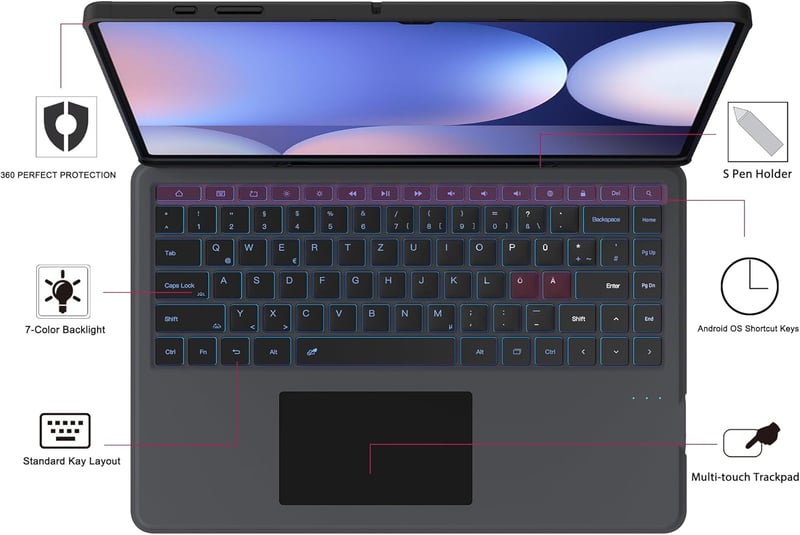 ROOFEI Galaxy Tab S10Ultra/S9 Billentyűzetes Tok QWERTZ Érintőpaddal 7 Szín LED