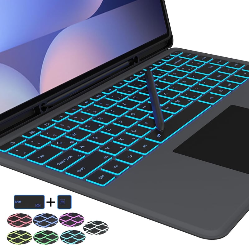 ROOFEI Galaxy Tab S10Ultra/S9 Billentyűzetes Tok QWERTZ Érintőpaddal 7 Szín LED