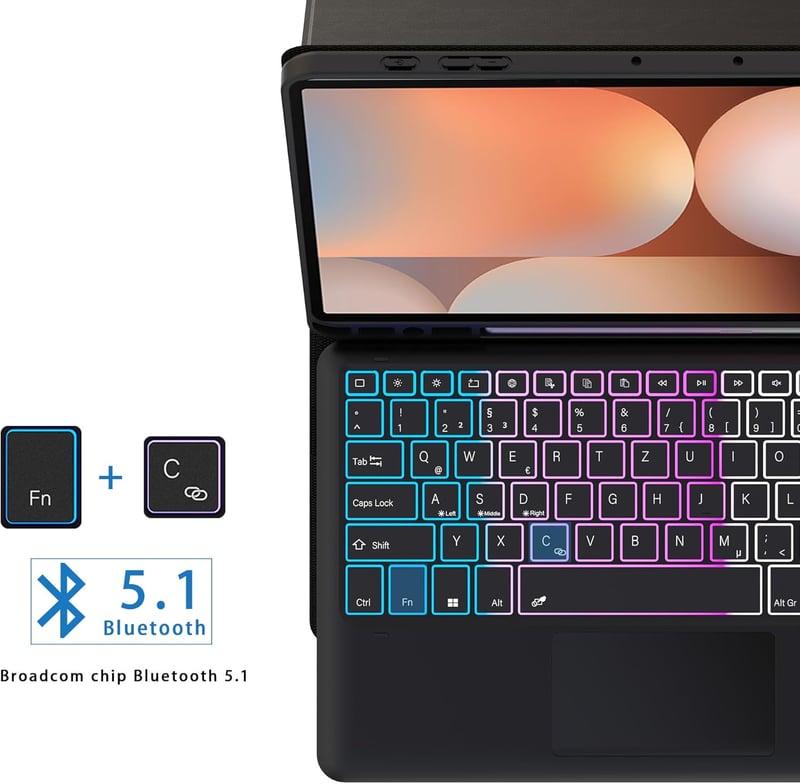 ROOFEI Galaxy Tab S9 FE+/S9+/S10+ Billentyűzetes Tok QWERTZ RGB Világítással