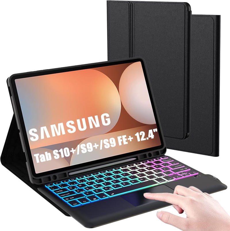 ROOFEI Galaxy Tab S9 FE+/S9+/S10+ Billentyűzetes Tok QWERTZ RGB Világítással