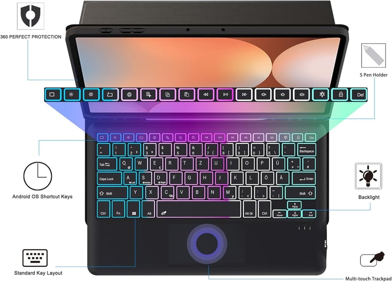 ROOFEI Galaxy Tab S9 FE+/S9+/S10+ Billentyűzetes Tok QWERTZ RGB Világítással