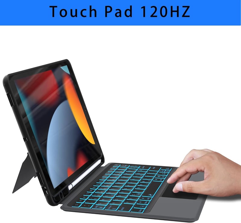 ROOFEI iPad 10.2 Billentyűzet Tok Német QWERTZ Touchpad Világítás Állvánnyal