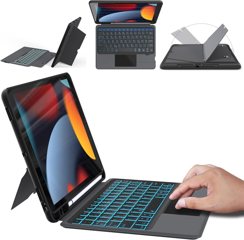 ROOFEI iPad 10.2 Billentyűzet Tok Német QWERTZ Touchpad Világítás Állvánnyal