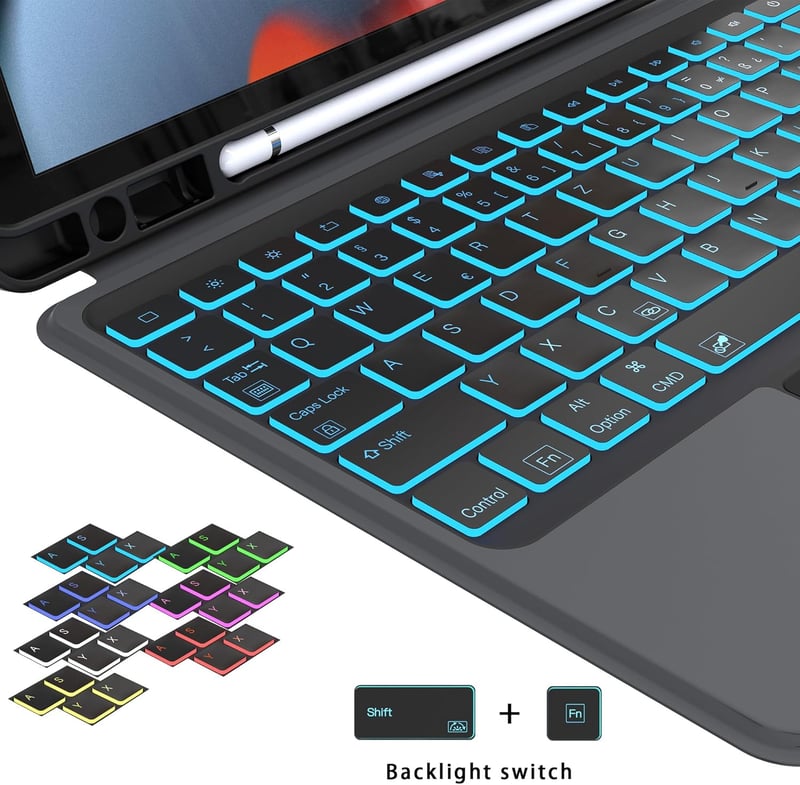 ROOFEI iPad 10.2 Billentyűzet Tok Német QWERTZ Touchpad Világítás Állvánnyal