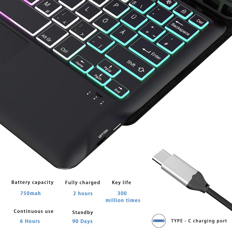 ROOFEI Lenovo Tab P12 12.7" tok billentyűzettel, RGB világítás, trackpad és tolltartó