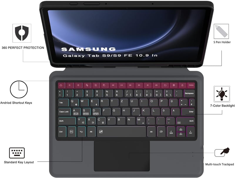 ROOFEI Samsung Galaxy Tab S10 Lite/S9 FE Billentyűzetes Tok QWERTZ Touchpad-dal