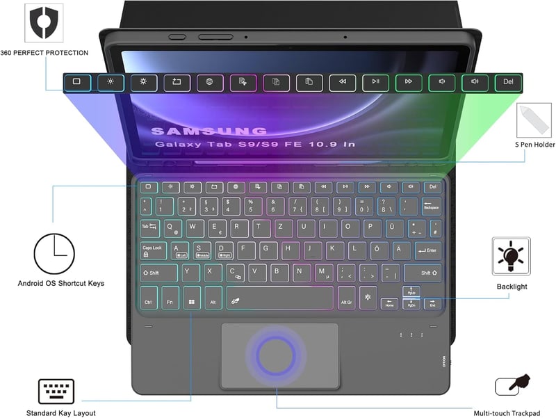 ROOFEI Samsung Galaxy Tab S10 Lite/S9 FE Tok Billentyűzettel 7 Szín LED Német QWERTZ