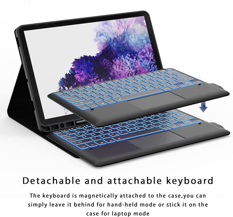 ROOFEI Samsung Galaxy Tab S8 Plus/S7 FE/S7 Plus 12.4" Billentyűzet Tok 7 Szín LED Touchpad Német QWERTZ