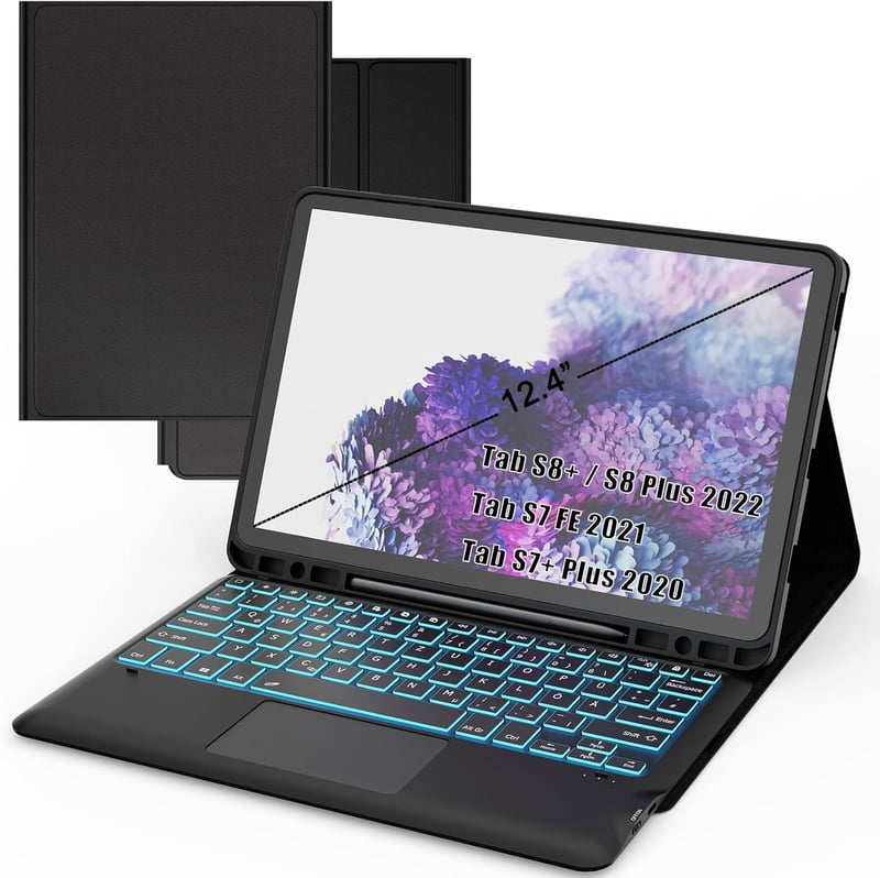 ROOFEI Samsung Galaxy Tab S8 Plus/S7 FE/S7 Plus 12.4" Billentyűzet Tok 7 Szín LED Touchpad Német QWERTZ