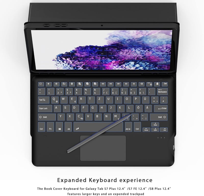 ROOFEI Samsung Galaxy Tab S8 Plus/S7 FE/S7 Plus 12.4" Billentyűzet Tok 7 Szín LED Touchpad Német QWERTZ