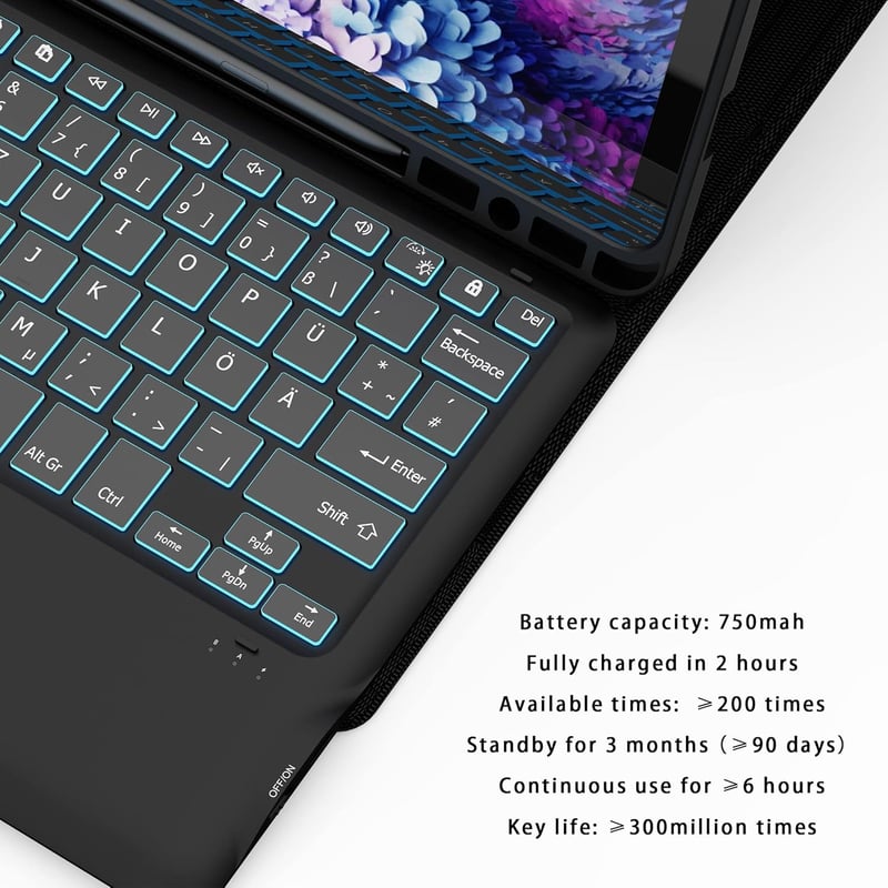 ROOFEI Samsung Galaxy Tab S8 Plus/S7 FE/S7 Plus 12.4" Billentyűzet Tok 7 Szín LED Touchpad Német QWERTZ