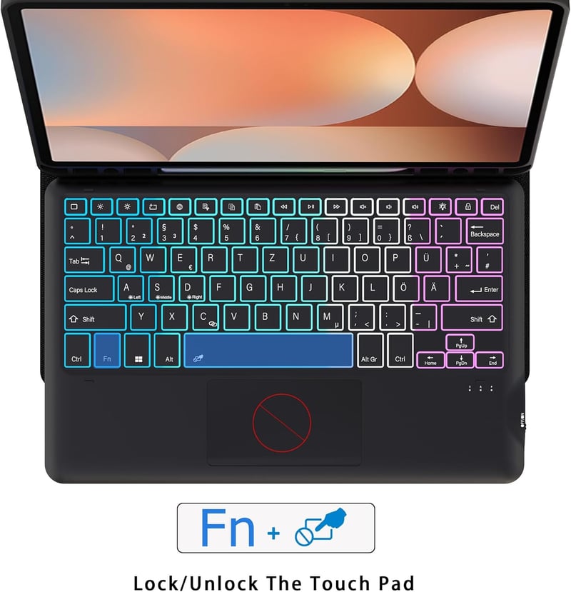ROOFEI Samsung Galaxy Tab S9+/S10+ Billentyűzetes Tok Touchpad-dal, Vezeték Nélküli QWERTZ, 7 Szín LED