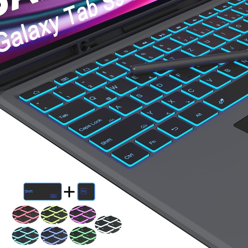 ROOFEI Samsung Galaxy Tab S9 Ultra/S8 Ultra 14.6" Billentyűzet Tok 7 Szín LED Világítás QWERTZ