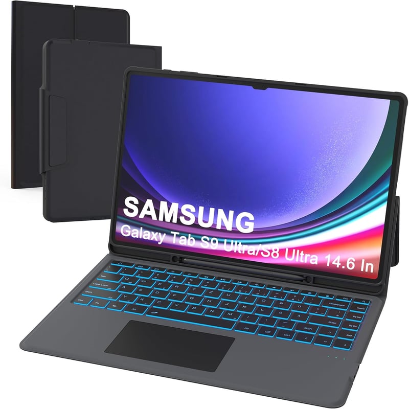 ROOFEI Samsung Galaxy Tab S9 Ultra/S8 Ultra 14.6" Billentyűzet Tok 7 Szín LED Világítás QWERTZ