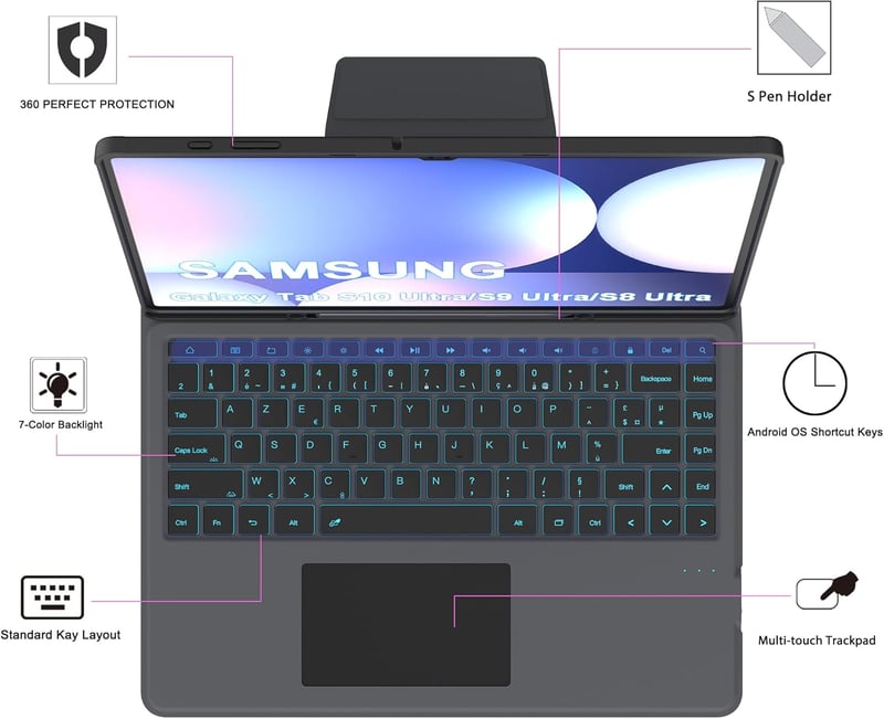 ROOFEI Samsung Galaxy Tab S9 Ultra/S8 Ultra 14.6" Billentyűzet Tok 7 Szín LED Világítás QWERTZ