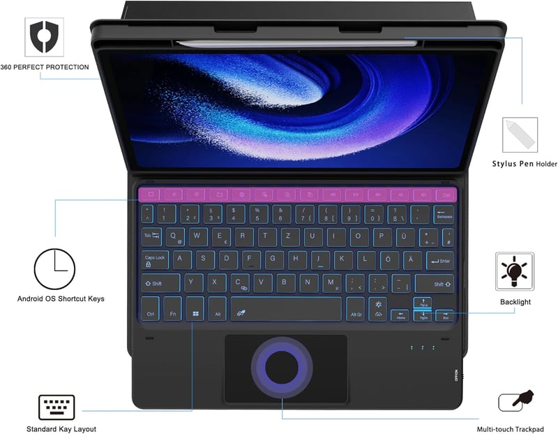 Husă cu tastatură ROOFEI Xiaomi Pad 6/6 Pro 11", QWERTZ, iluminare RGB, touchpad, suport pentru stylus, negru