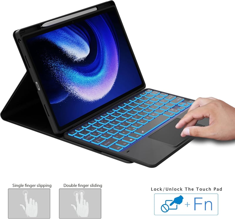 Husă cu tastatură ROOFEI Xiaomi Pad 6/6 Pro 11", QWERTZ, iluminare RGB, touchpad, suport pentru stylus, negru