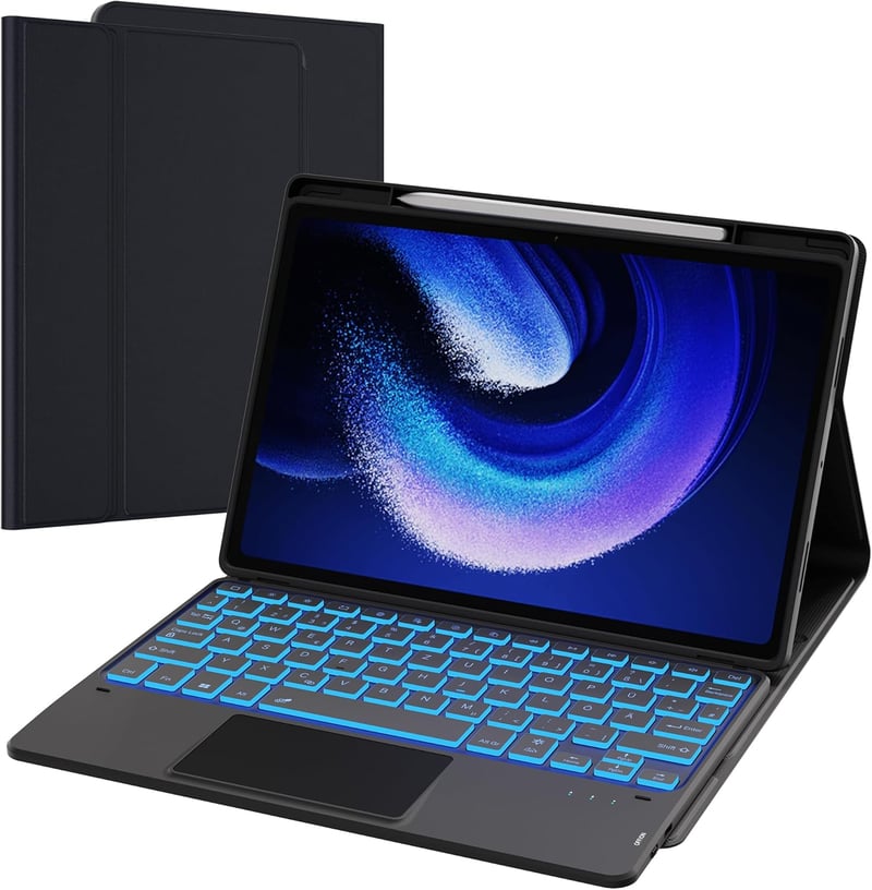 Husă cu tastatură ROOFEI Xiaomi Pad 6/6 Pro 11", QWERTZ, iluminare RGB, touchpad, suport pentru stylus, negru