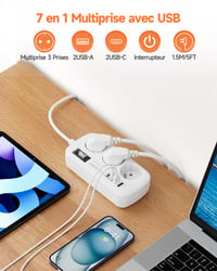 Prelungitor ROOTOMA cu 3 prize și 4 porturi USB (2 USB-C), cu protecție la supratensiune, bloc multipriză pentru birou 2