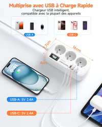 Prelungitor ROOTOMA cu 3 prize și 4 porturi USB (2 USB-C), cu protecție la supratensiune, bloc multipriză pentru birou 4