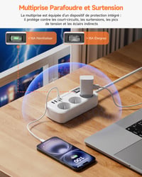 Prelungitor ROOTOMA cu 3 prize și 4 porturi USB (2 USB-C), cu protecție la supratensiune, bloc multipriză pentru birou 3