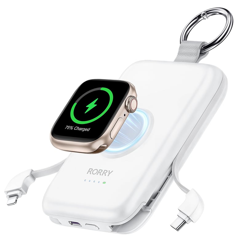 Baterie externă RORRY CharmGo 10000mAh, încărcare rapidă PD 20W cu cabluri USB-C și iOS integrate, pentru iPhone, Samsung, Xiaomi și Apple Watch