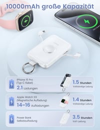 RORRY Powerbank 10000mAh, PD 20W rýchlonabíjateľná ultratenká externá batéria so zabudovaným USB-C káblom, kompatibilná s iPhone 17/16/15/14 a Apple Watch Ultra, čierna 4