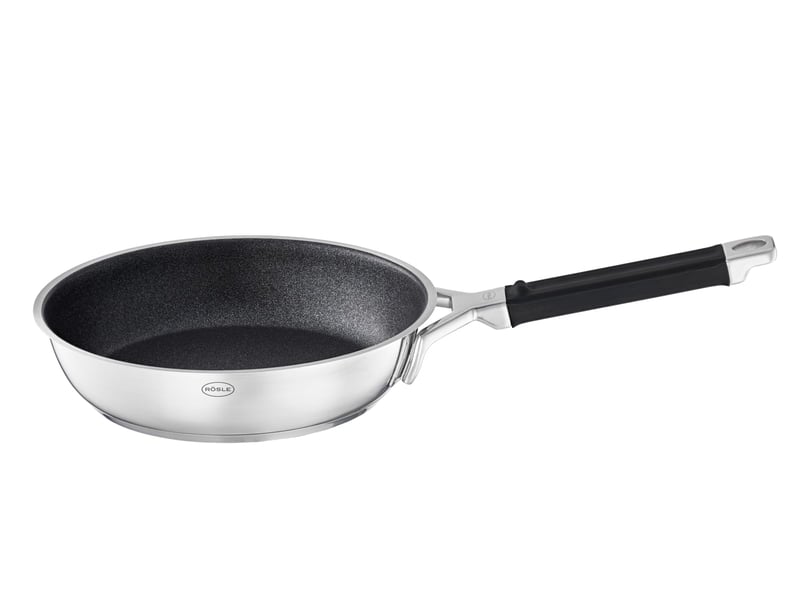Rösle Silence Pro serpenyő ProResist prémium karcálló tapadásmentes bevonattal, szilikon nyéllel, 28 cm, 18/10 rozsdamentes acél, indukciós, mosogatógépben mosható, ezüst/fekete