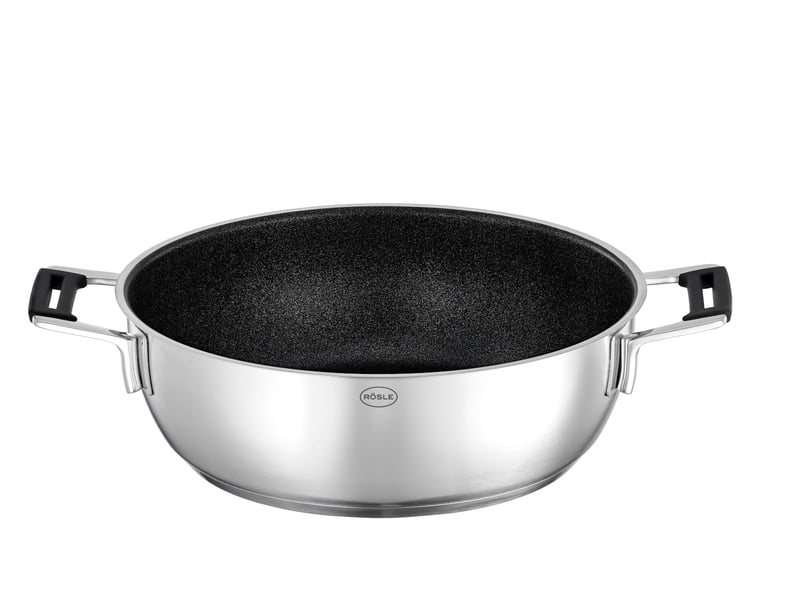 Servírovacia panvica RÖSLE Silence Pro 28 cm, prémiový nepriľnavý povrch odolný voči poškriabaniu ProResist, silikónová rukoväť, nehrdzavejúca oceľ 18/10