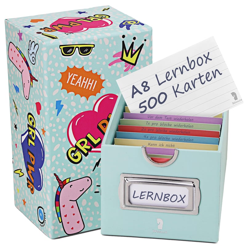 Cutie pentru cartonașe de memorare Rössler, pentru studiu - 500 de carduri + 10 separatoare, cu ramă din oțel inoxidabil, Unicorn, format A8