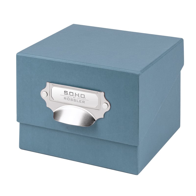 Fotobox s vekom Rössler S.O.H.O., modrý denim, 17x15x13 cm, organizér na vizitky, 1 ks, mierne poškodený obal