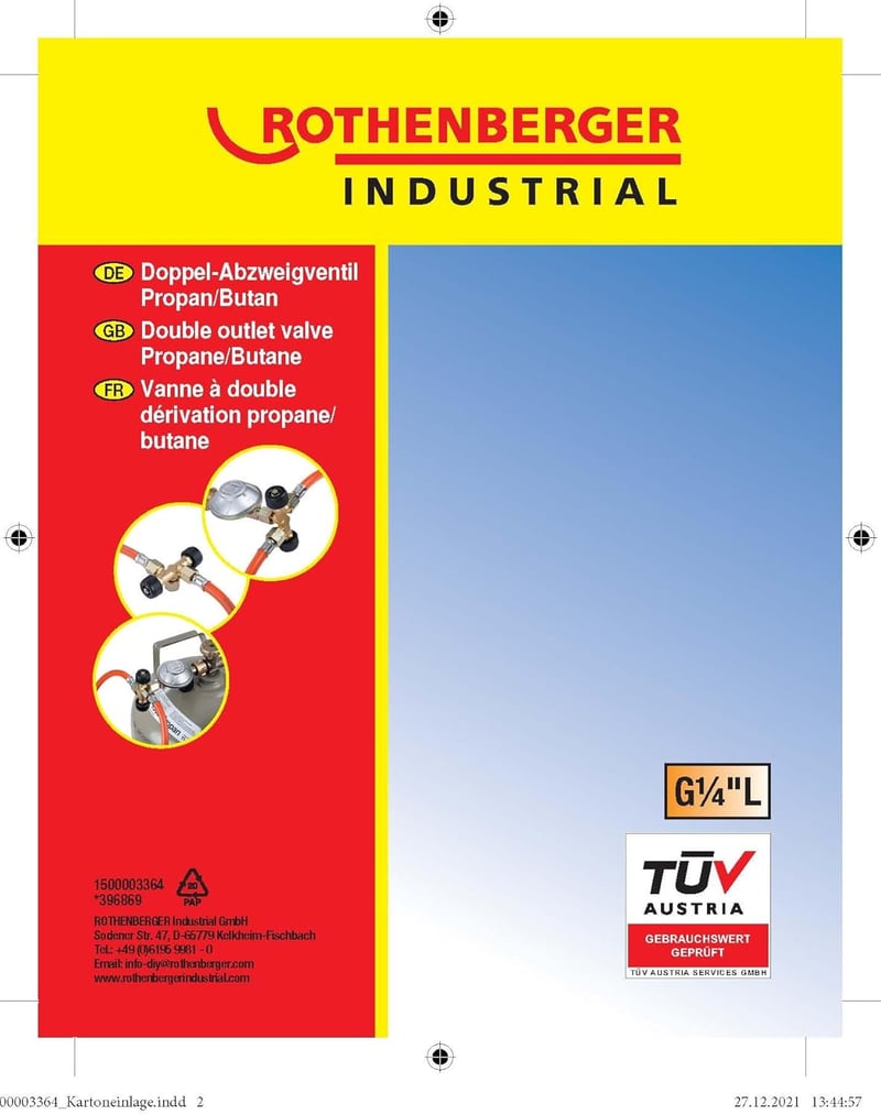 Rothenberger Industrial Dupla-áramlás Propán/Bután Szelep Kéteszköz Üzemeltetéshez