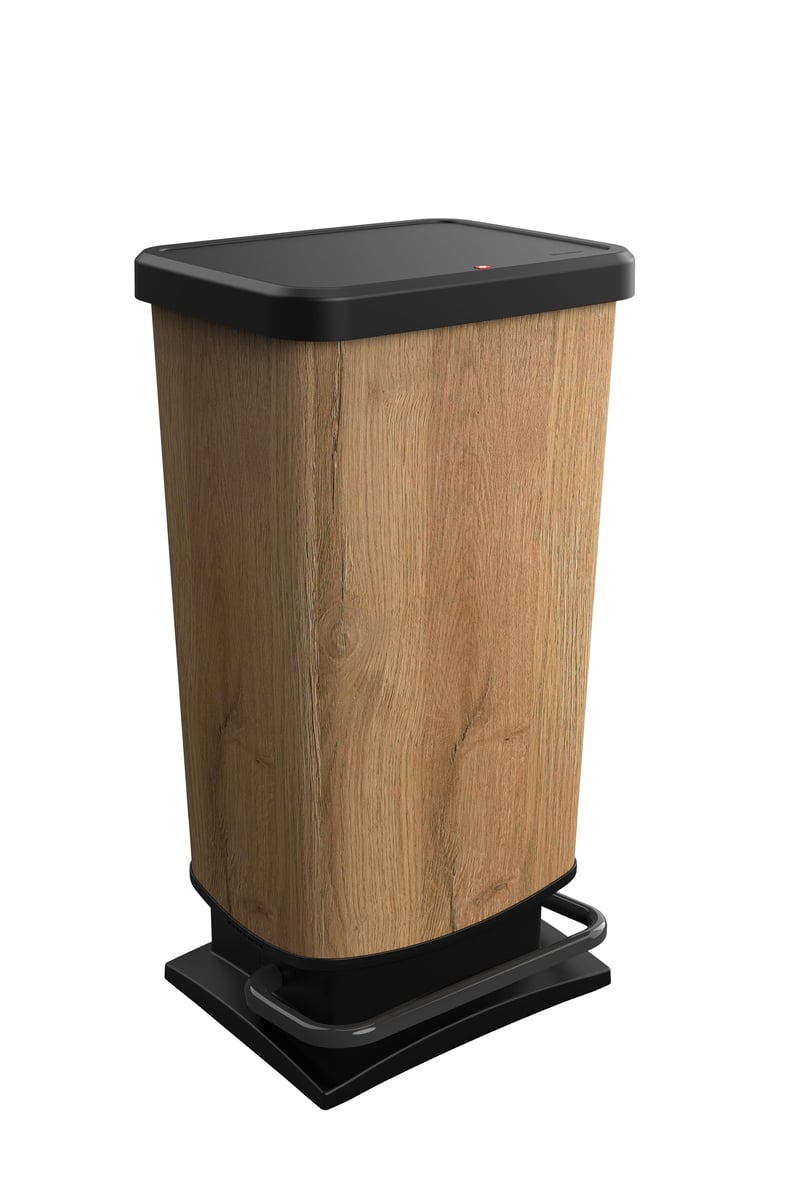 Odpadkový kôš s pedálom Rotho Paso, 40 litrov, s vekom, drevený dekor, kôš na kuchynský odpad, recyklovaný plast bez BPA