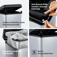 Coș de gunoi cu pedală Rotho Paso, 40 L, aspect inox, capac etanș, pentru bucătărie, baie și atelier, ușor de curățat, argintiu metalizat 3