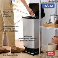 Coș de gunoi cu pedală Rotho Paso, 40 L, aspect inox, capac etanș, pentru bucătărie, baie și atelier, ușor de curățat, argintiu metalizat 5