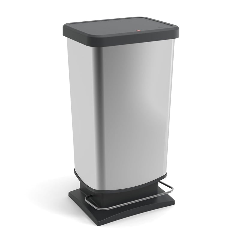 Coș de gunoi cu pedală Rotho Paso, 40 L, aspect inox, capac etanș, pentru bucătărie, baie și atelier, ușor de curățat, argintiu metalizat