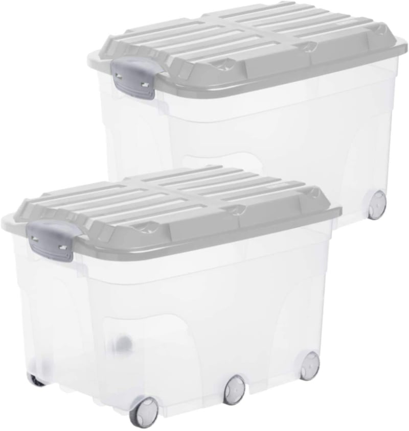Set 2 cutii de depozitare cu capac Rotho Roller 6, 57 L, Gri transparent