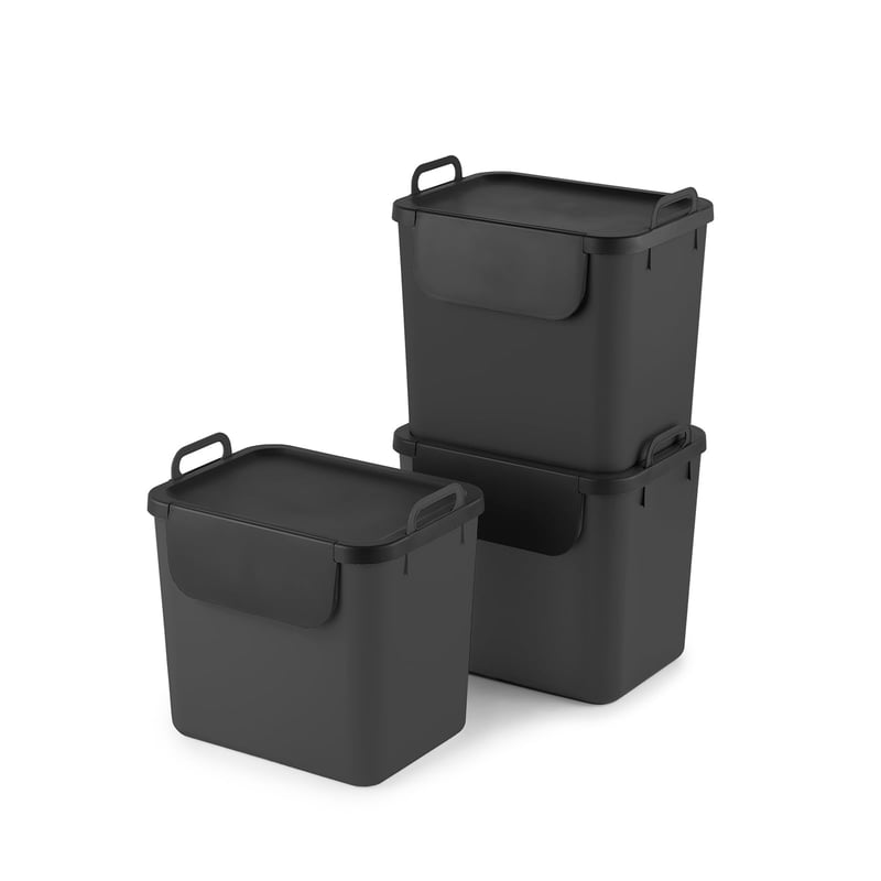 Sistem de sortare a deșeurilor Rotho SALSA, 3 bucăți, coșuri de depozitare stivuibile din plastic reciclat cu capac și mâner, gri închis, 3 x