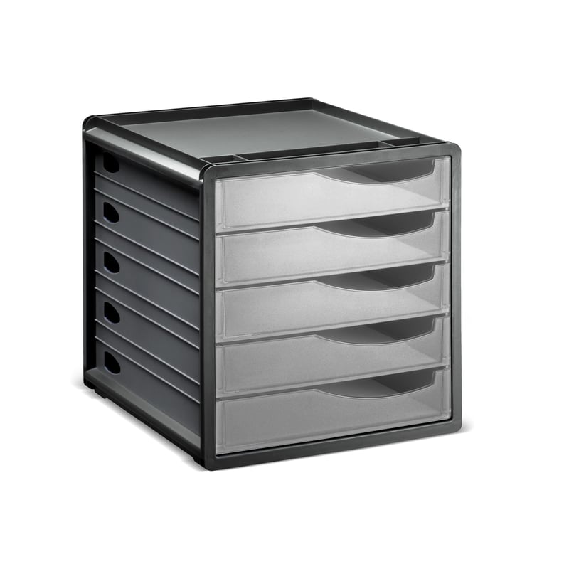 Rotho Spacemaker kancelársky box so 5 zásuvkami, priehľadný/antracitový, plast bez BPA, 33,5 x 28,5 x 32 cm