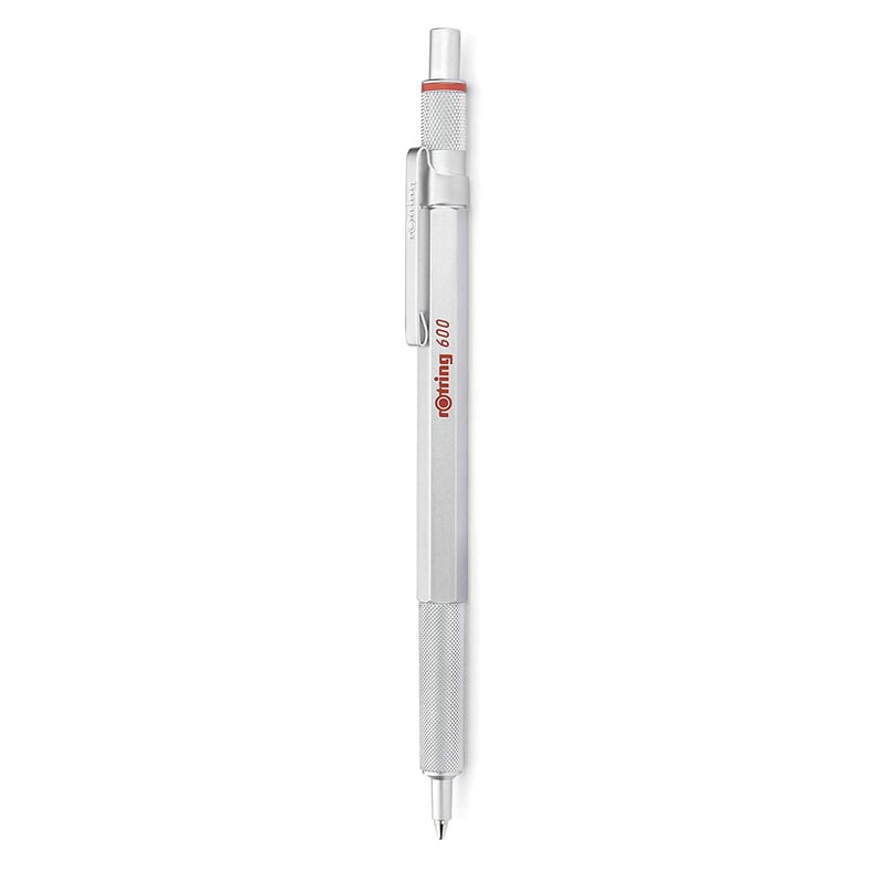 Guľôčkové pero rOtring 600, stredný hrot, čierny atrament, strieborné telo, plniteľné, 14 cm